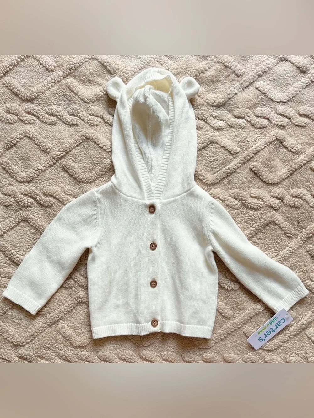 Carter’s Baby Girl Hooded Sweater 6-9M NWT Button Up Cream Cardigan W/ Bear Ears
